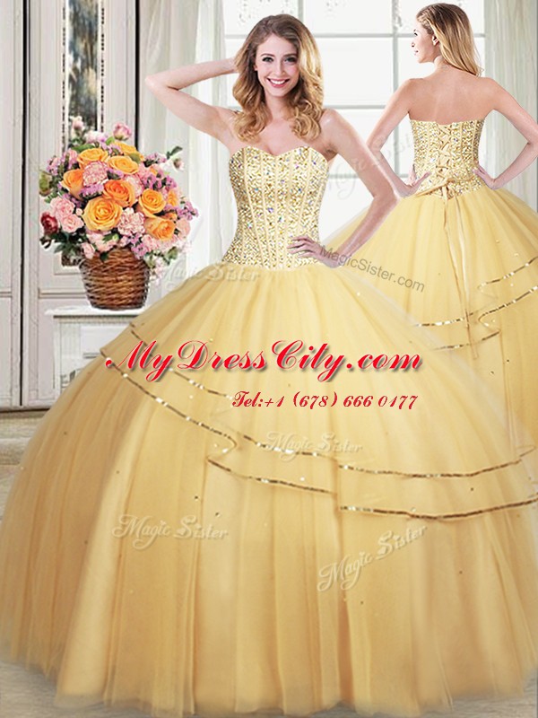 Dramatic Gold Sweetheart Lace Up Beading and Sequins Quinceanera Dresses Sleeveless