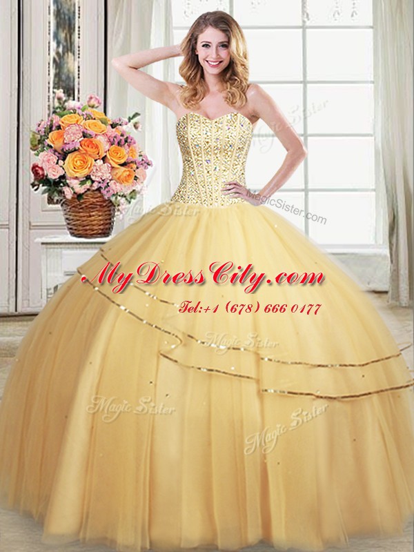 Dramatic Gold Sweetheart Lace Up Beading and Sequins Quinceanera Dresses Sleeveless