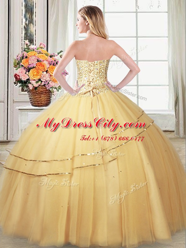 Dramatic Gold Sweetheart Lace Up Beading and Sequins Quinceanera Dresses Sleeveless