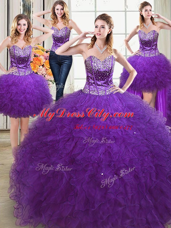 Romantic Four Piece Sweetheart Sleeveless 15 Quinceanera Dress Floor Length Beading and Ruffles Eggplant Purple Tulle