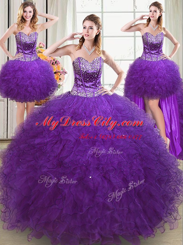 Romantic Four Piece Sweetheart Sleeveless 15 Quinceanera Dress Floor Length Beading and Ruffles Eggplant Purple Tulle