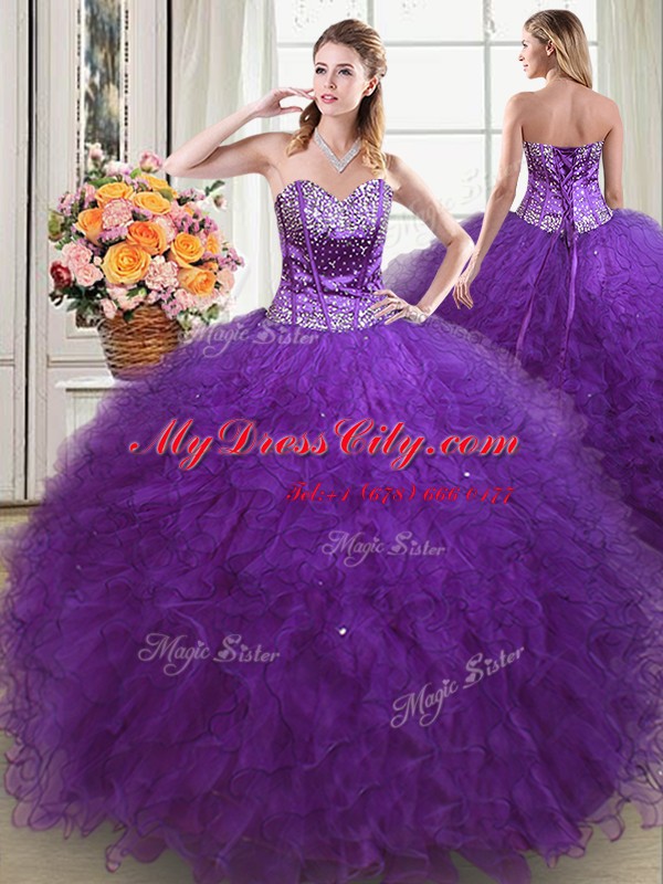 Romantic Four Piece Sweetheart Sleeveless 15 Quinceanera Dress Floor Length Beading and Ruffles Eggplant Purple Tulle