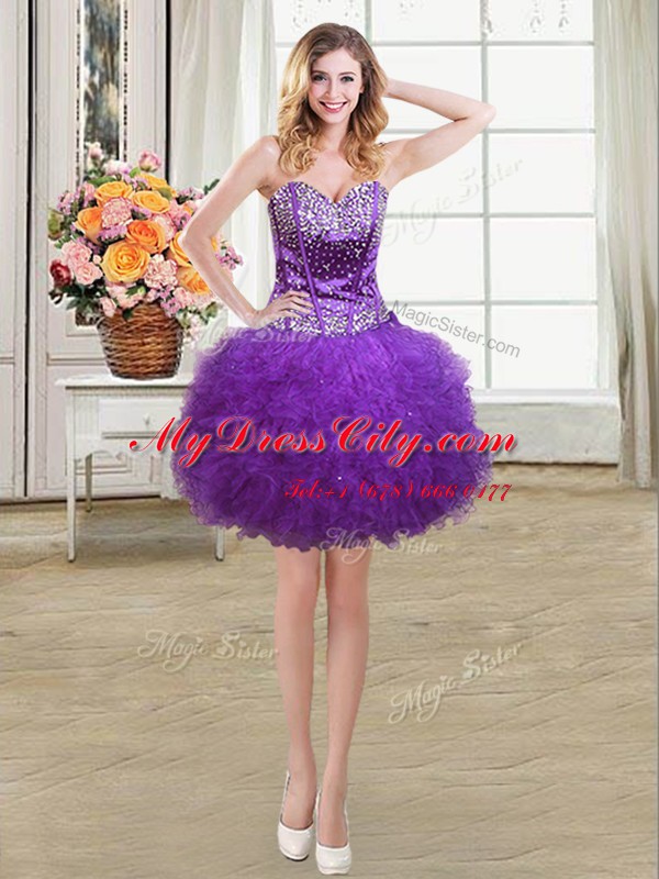 Romantic Four Piece Sweetheart Sleeveless 15 Quinceanera Dress Floor Length Beading and Ruffles Eggplant Purple Tulle