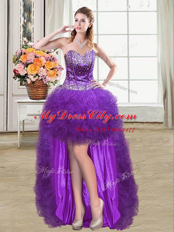 Romantic Four Piece Sweetheart Sleeveless 15 Quinceanera Dress Floor Length Beading and Ruffles Eggplant Purple Tulle