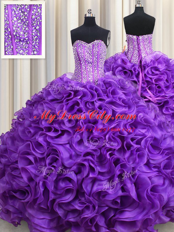 Spectacular Eggplant Purple Lace Up Sweetheart Beading Quince Ball Gowns Fabric With Rolling Flowers Sleeveless