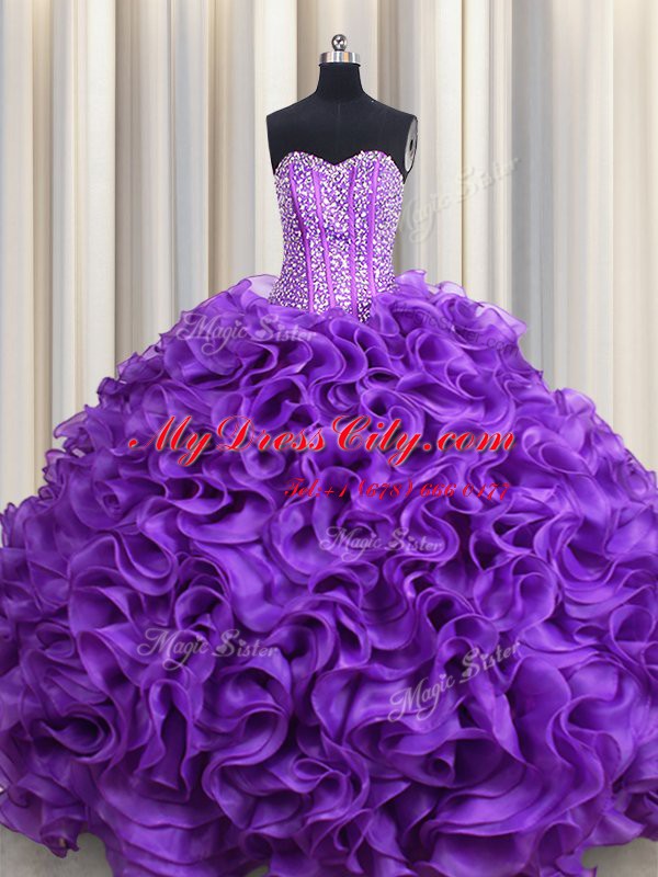 Spectacular Eggplant Purple Lace Up Sweetheart Beading Quince Ball Gowns Fabric With Rolling Flowers Sleeveless