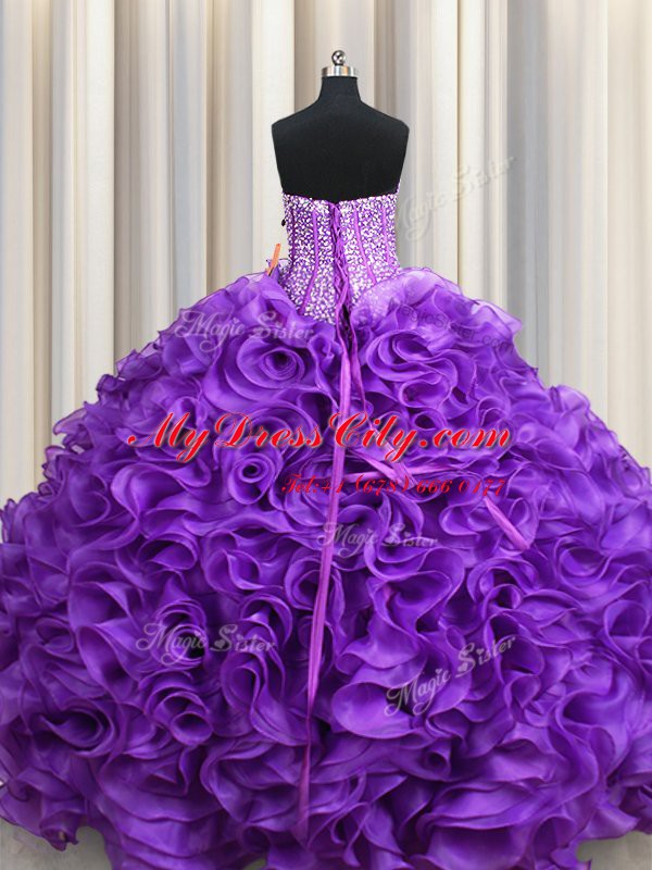 Spectacular Eggplant Purple Lace Up Sweetheart Beading Quince Ball Gowns Fabric With Rolling Flowers Sleeveless