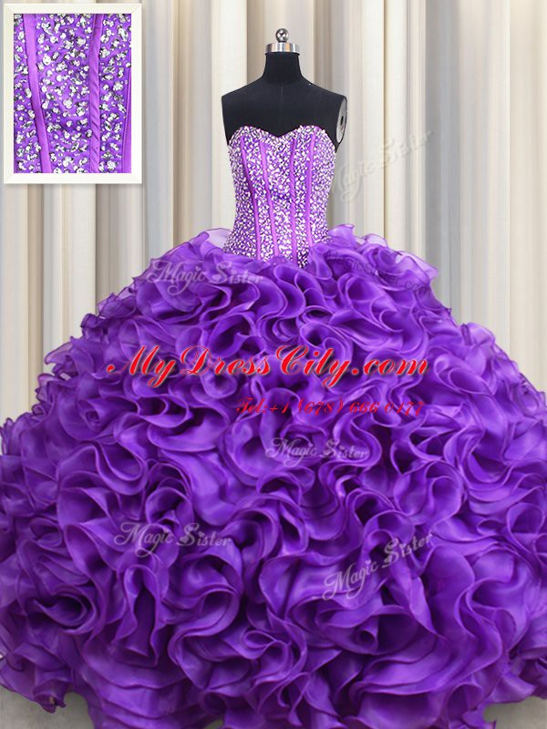 Spectacular Eggplant Purple Lace Up Sweetheart Beading Quince Ball Gowns Fabric With Rolling Flowers Sleeveless