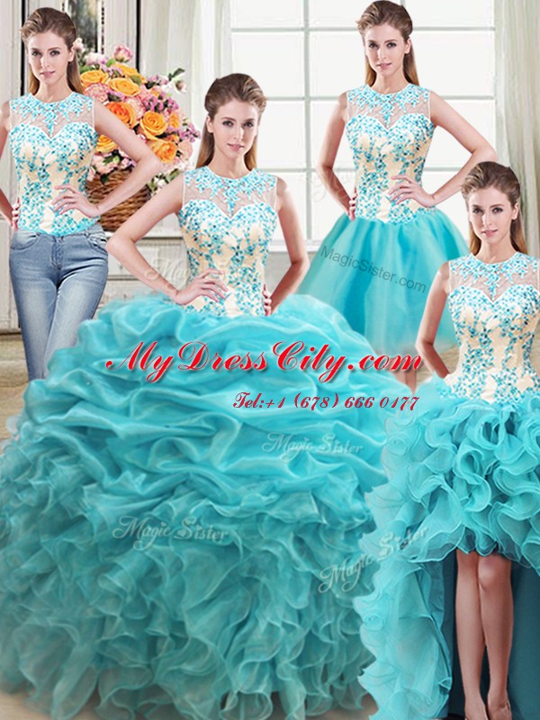 Captivating Four Piece Scoop Aqua Blue Ball Gowns Beading and Ruffles Quinceanera Gown Lace Up Organza Sleeveless Floor Length