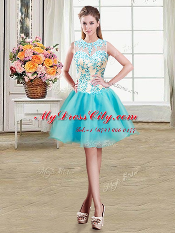 Captivating Four Piece Scoop Aqua Blue Ball Gowns Beading and Ruffles Quinceanera Gown Lace Up Organza Sleeveless Floor Length