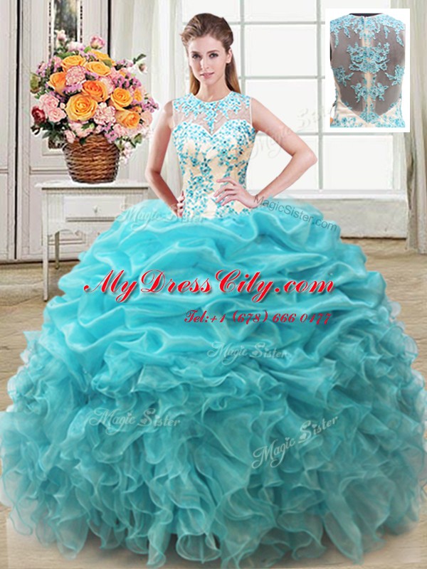 Captivating Four Piece Scoop Aqua Blue Ball Gowns Beading and Ruffles Quinceanera Gown Lace Up Organza Sleeveless Floor Length