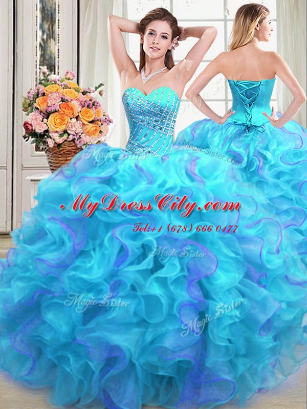 High End Multi-color Lace Up Sweetheart Beading and Ruffles Sweet 16 Dresses Organza Sleeveless