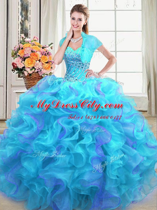 High End Multi-color Lace Up Sweetheart Beading and Ruffles Sweet 16 Dresses Organza Sleeveless