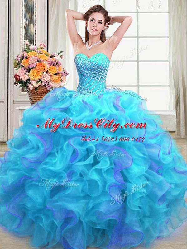 High End Multi-color Lace Up Sweetheart Beading and Ruffles Sweet 16 Dresses Organza Sleeveless