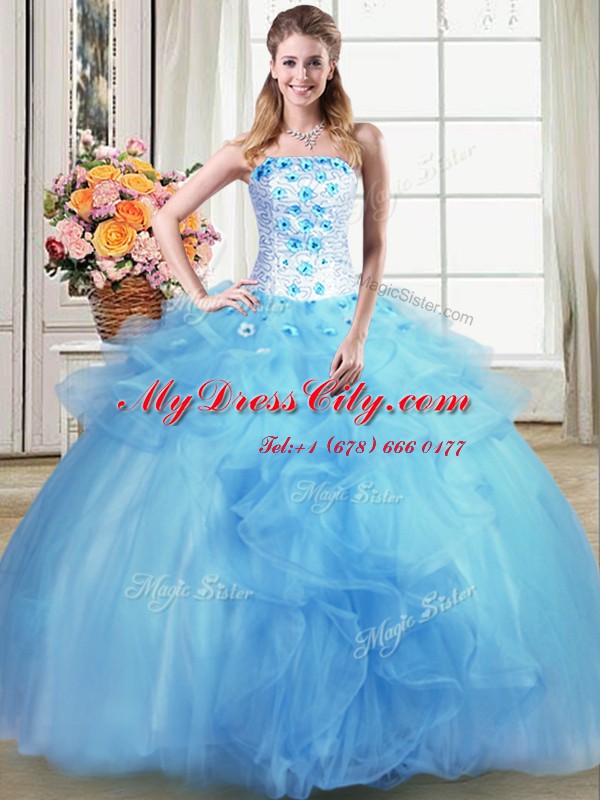 Charming Sleeveless Tulle Floor Length Lace Up Quinceanera Dress in Light Blue with Beading and Appliques and Ruffles