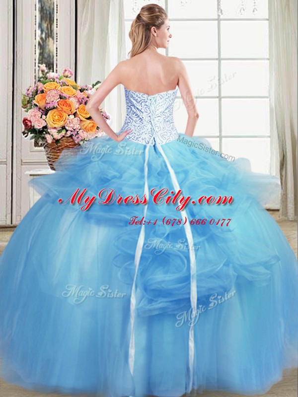 Charming Sleeveless Tulle Floor Length Lace Up Quinceanera Dress in Light Blue with Beading and Appliques and Ruffles