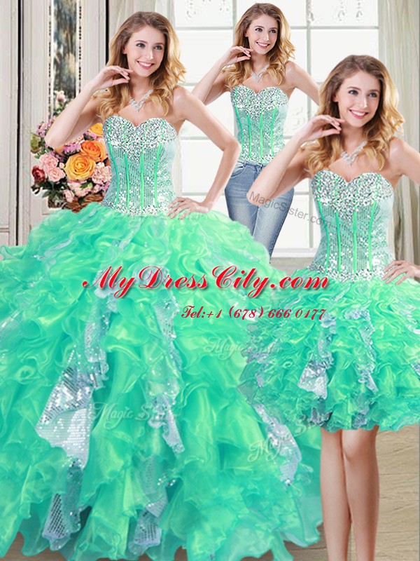 Lovely Three Piece Turquoise Organza Lace Up Sweetheart Sleeveless Floor Length Quinceanera Dresses Beading and Ruffles and Sequins