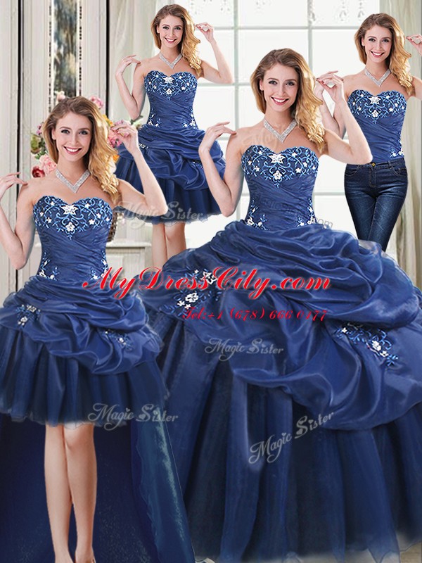 Four Piece Navy Blue Quinceanera Dresses Military Ball and Sweet 16 and Quinceanera and For with Appliques Sweetheart Sleeveless Lace Up