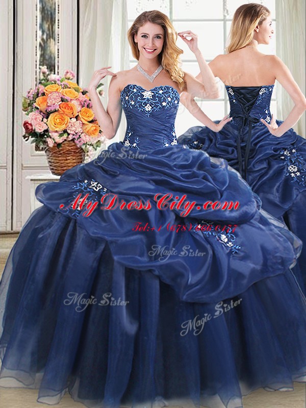 Four Piece Navy Blue Quinceanera Dresses Military Ball and Sweet 16 and Quinceanera and For with Appliques Sweetheart Sleeveless Lace Up