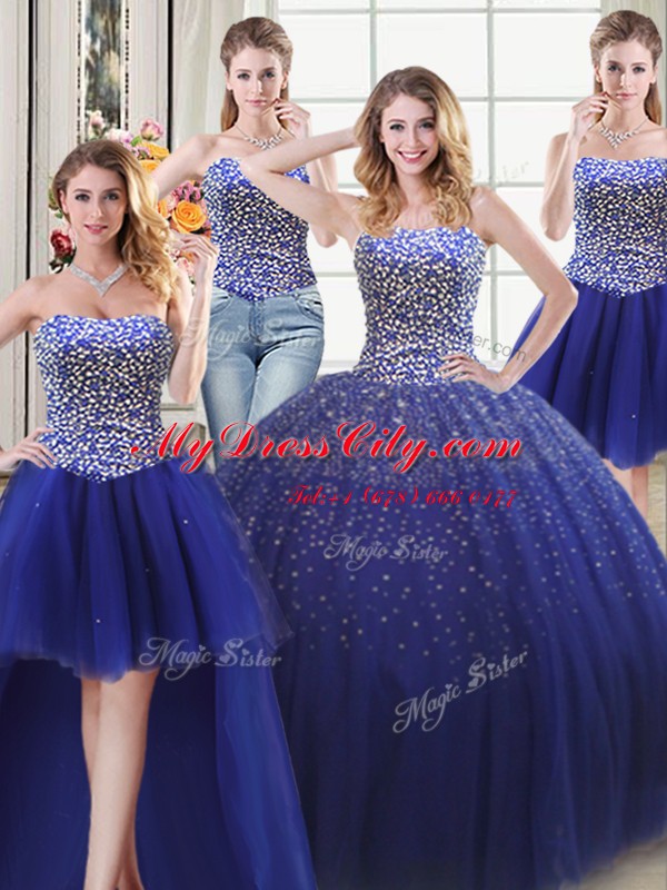 Beauteous Four Piece Floor Length Lace Up Quince Ball Gowns Royal Blue for Military Ball and Sweet 16 and Quinceanera with Beading