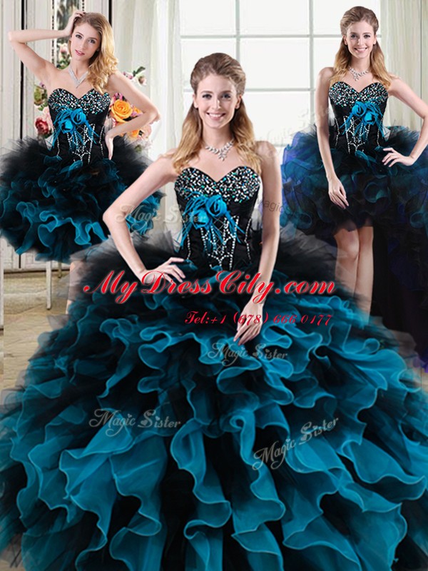 Eye-catching Four Piece Sleeveless Beading and Ruffles and Hand Made Flower Lace Up Sweet 16 Dress