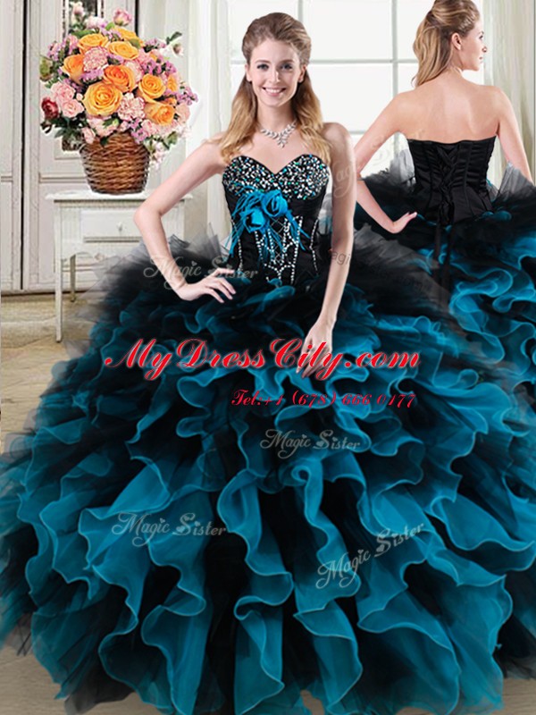 Eye-catching Four Piece Sleeveless Beading and Ruffles and Hand Made Flower Lace Up Sweet 16 Dress