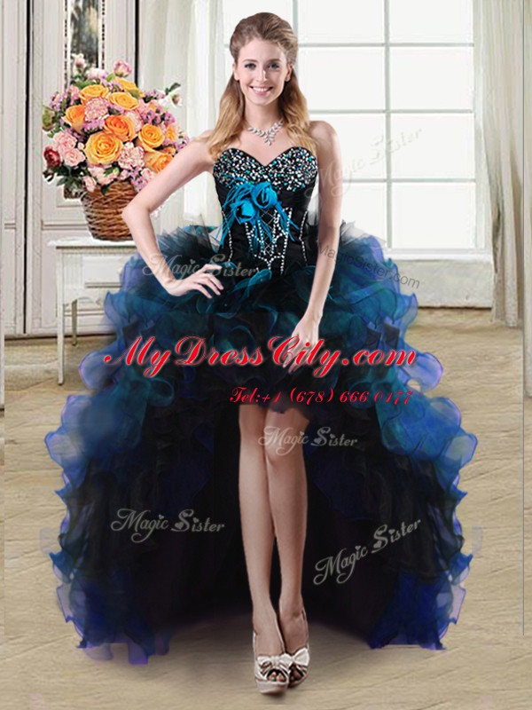 Eye-catching Four Piece Sleeveless Beading and Ruffles and Hand Made Flower Lace Up Sweet 16 Dress