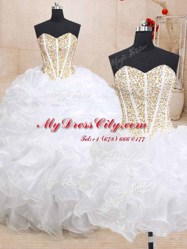 Three Piece Sleeveless Organza Floor Length Lace Up 15 Quinceanera Dress in White with Beading and Ruffles