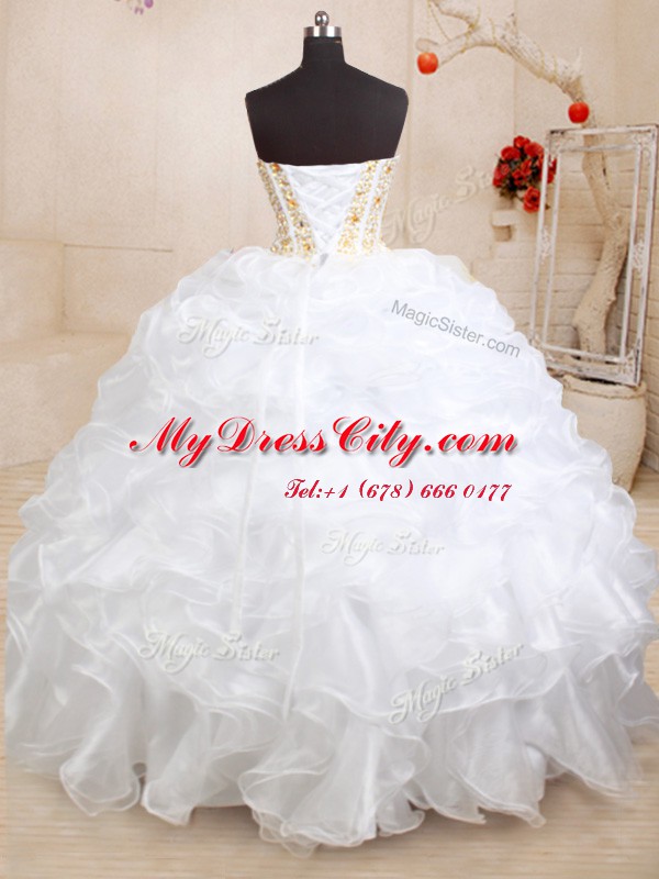 Three Piece Sleeveless Organza Floor Length Lace Up 15 Quinceanera Dress in White with Beading and Ruffles