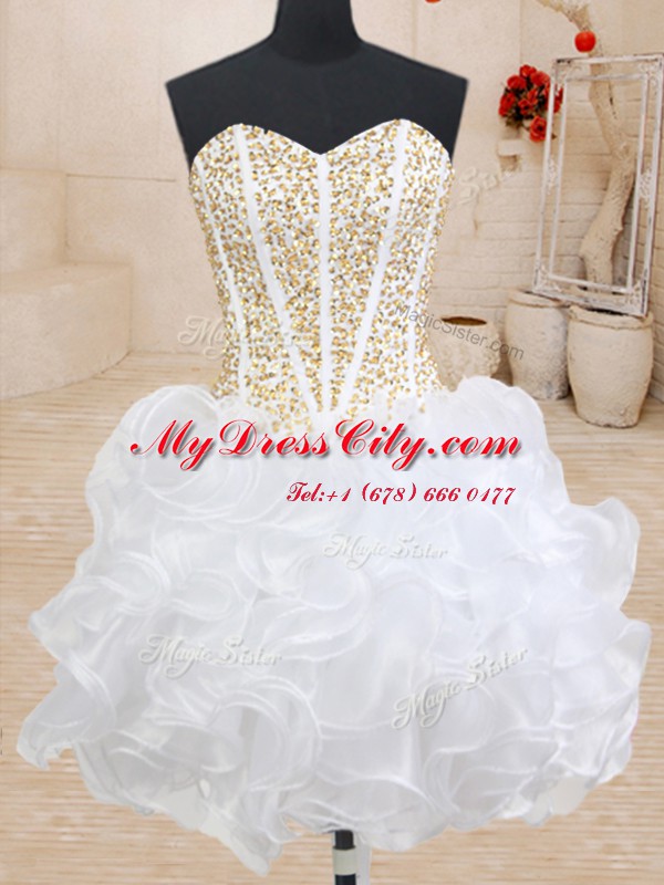 Three Piece Sleeveless Organza Floor Length Lace Up 15 Quinceanera Dress in White with Beading and Ruffles