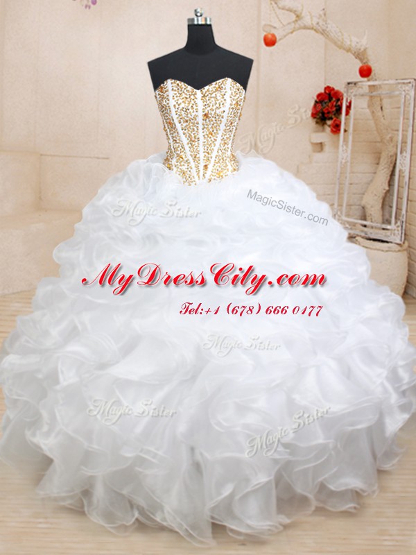 Three Piece Sleeveless Organza Floor Length Lace Up 15 Quinceanera Dress in White with Beading and Ruffles