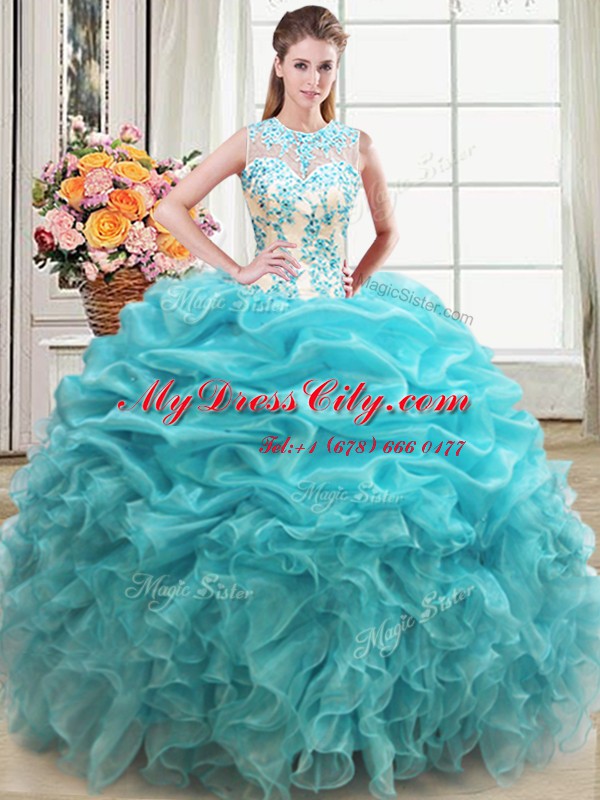 Colorful Scoop Aqua Blue Sleeveless Organza Lace Up Quince Ball Gowns for Military Ball and Sweet 16 and Quinceanera