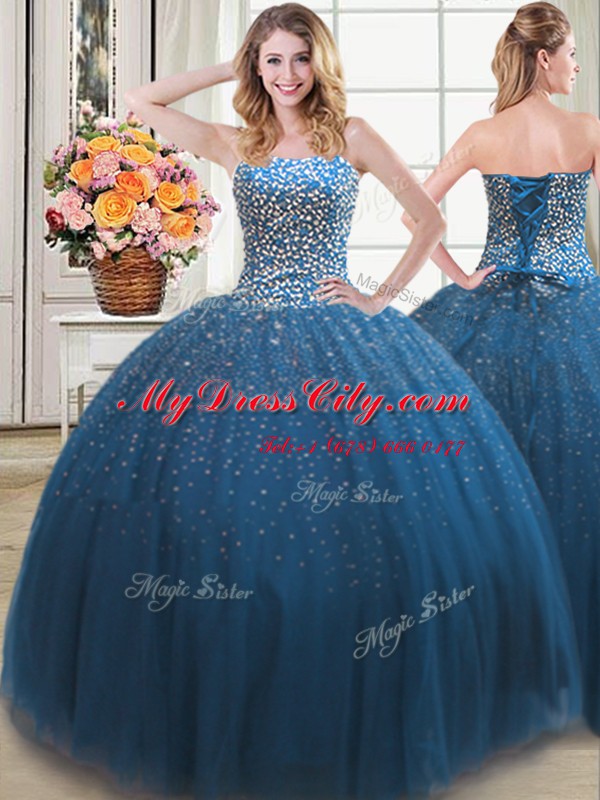 Admirable Teal Sleeveless Tulle Lace Up Vestidos de Quinceanera for Military Ball and Sweet 16 and Quinceanera