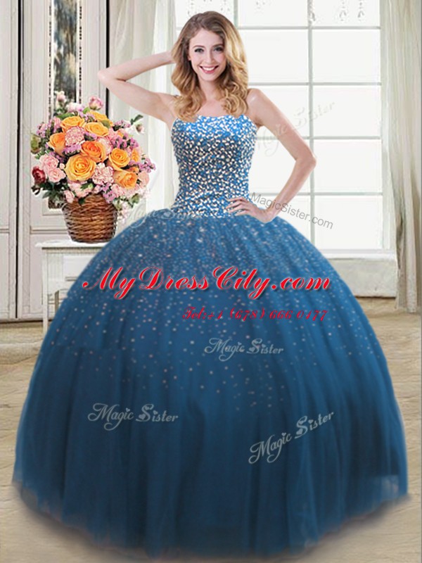 Admirable Teal Sleeveless Tulle Lace Up Vestidos de Quinceanera for Military Ball and Sweet 16 and Quinceanera