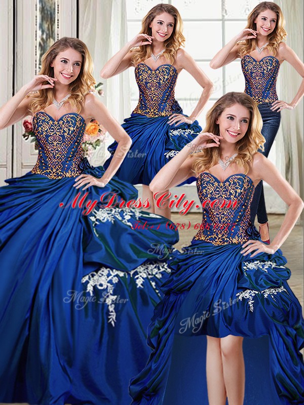 Modern Four Piece Taffeta Sleeveless Floor Length Quince Ball Gowns and Beading and Appliques and Pick Ups