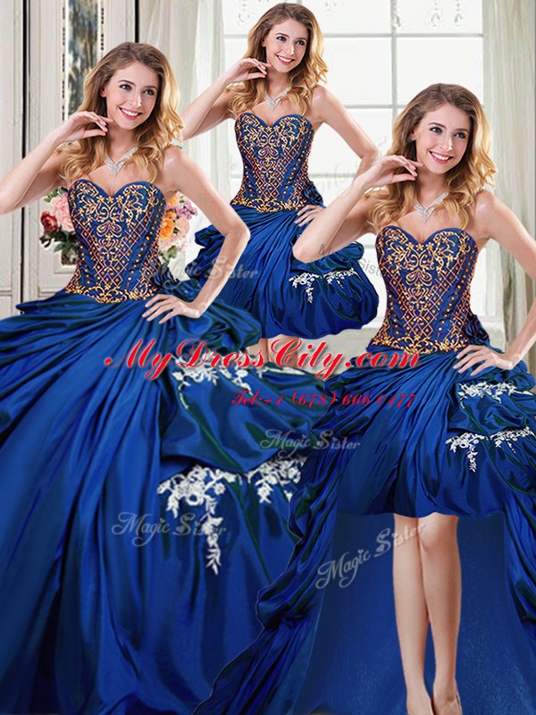 Modern Four Piece Taffeta Sleeveless Floor Length Quince Ball Gowns and Beading and Appliques and Pick Ups