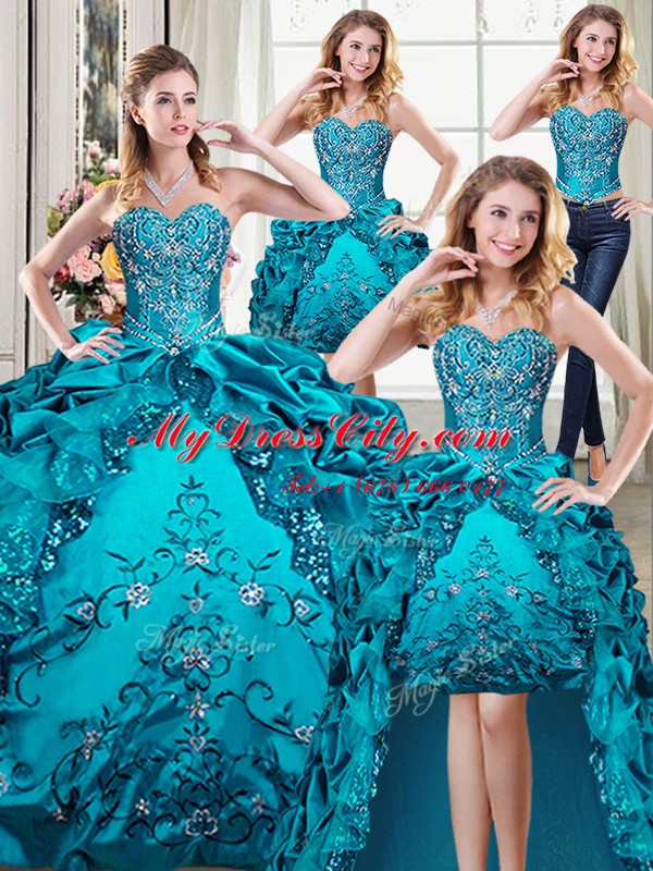 Popular Four Piece Teal Ball Gowns Organza and Taffeta Sweetheart Sleeveless Beading and Embroidery and Pick Ups Floor Length Lace Up Vestidos de Quinceanera