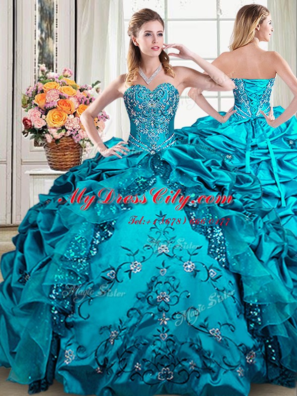 Popular Four Piece Teal Ball Gowns Organza and Taffeta Sweetheart Sleeveless Beading and Embroidery and Pick Ups Floor Length Lace Up Vestidos de Quinceanera