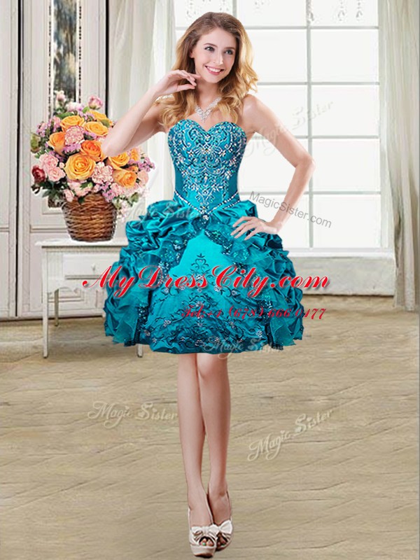 Popular Four Piece Teal Ball Gowns Organza and Taffeta Sweetheart Sleeveless Beading and Embroidery and Pick Ups Floor Length Lace Up Vestidos de Quinceanera