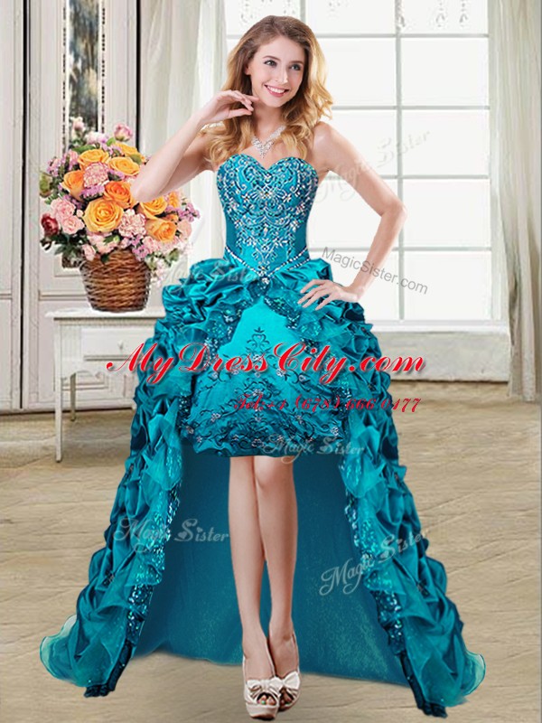 Popular Four Piece Teal Ball Gowns Organza and Taffeta Sweetheart Sleeveless Beading and Embroidery and Pick Ups Floor Length Lace Up Vestidos de Quinceanera