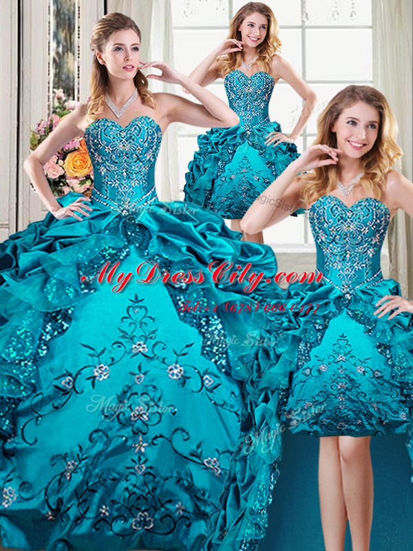 Popular Four Piece Teal Ball Gowns Organza and Taffeta Sweetheart Sleeveless Beading and Embroidery and Pick Ups Floor Length Lace Up Vestidos de Quinceanera