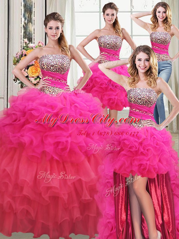 Custom Design Four Piece Multi-color Organza Lace Up Strapless Sleeveless Floor Length Quinceanera Dress Beading and Ruffles and Ruffled Layers and Sequins