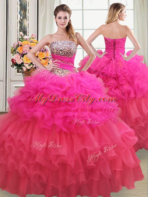 Custom Design Four Piece Multi-color Organza Lace Up Strapless Sleeveless Floor Length Quinceanera Dress Beading and Ruffles and Ruffled Layers and Sequins