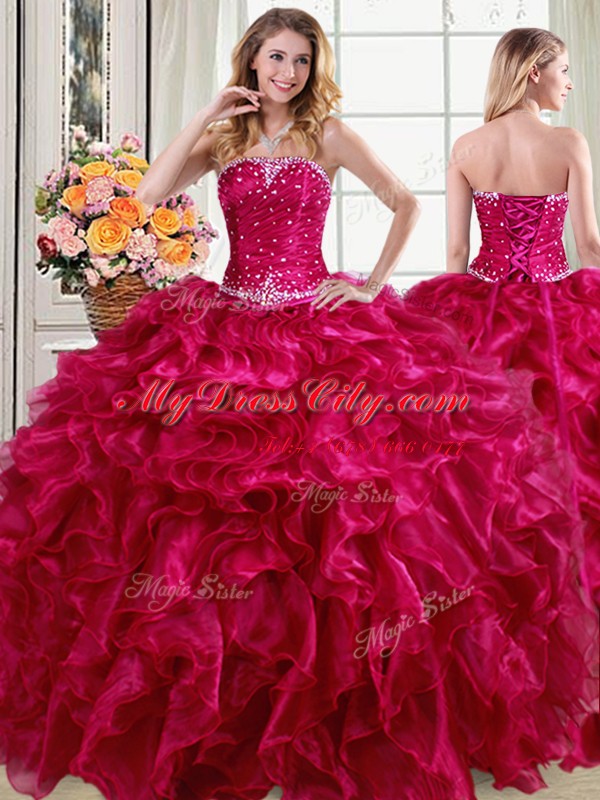 Suitable Fuchsia Lace Up Ball Gown Prom Dress Beading and Ruffles Sleeveless Floor Length