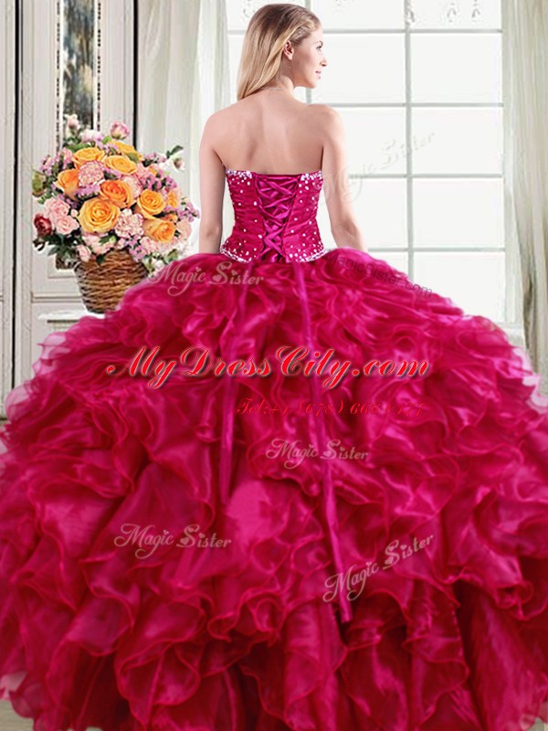 Suitable Fuchsia Lace Up Ball Gown Prom Dress Beading and Ruffles Sleeveless Floor Length