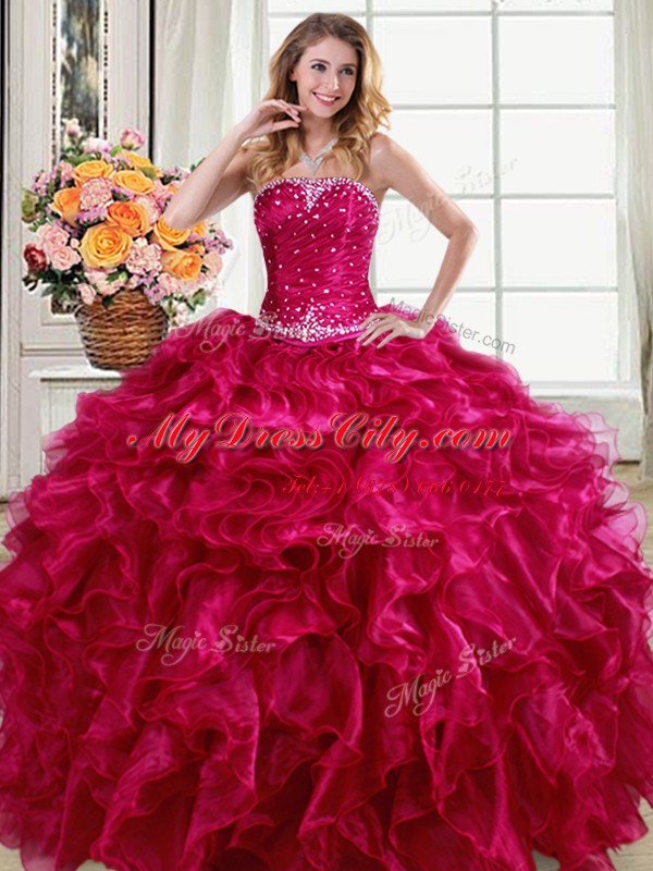 Suitable Fuchsia Lace Up Ball Gown Prom Dress Beading and Ruffles Sleeveless Floor Length