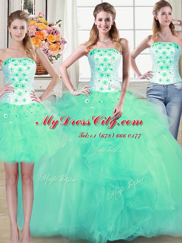 Hot Sale Three Piece Sleeveless Lace Up Floor Length Beading and Appliques and Ruffles 15th Birthday Dress