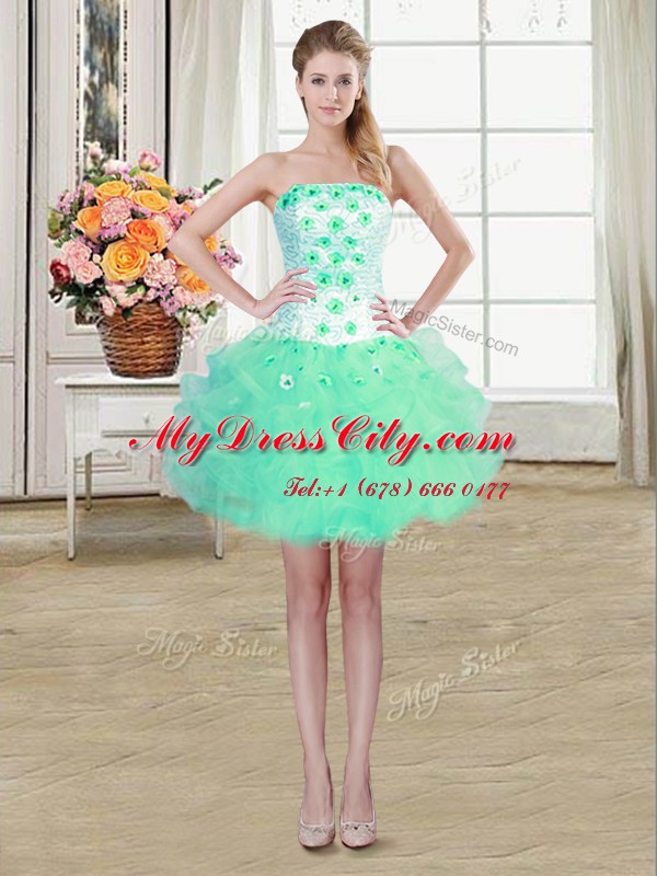 Hot Sale Three Piece Sleeveless Lace Up Floor Length Beading and Appliques and Ruffles 15th Birthday Dress