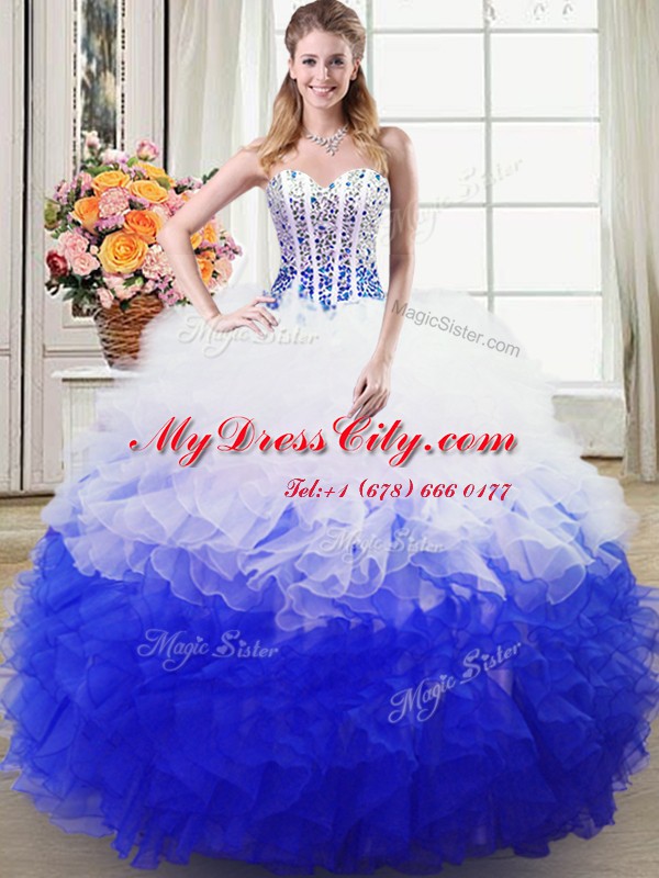 Blue And White Quince Ball Gowns Military Ball and Sweet 16 and Quinceanera and For with Beading and Ruffles Sweetheart Sleeveless Lace Up