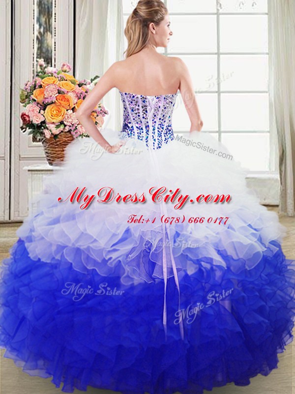 Blue And White Quince Ball Gowns Military Ball and Sweet 16 and Quinceanera and For with Beading and Ruffles Sweetheart Sleeveless Lace Up